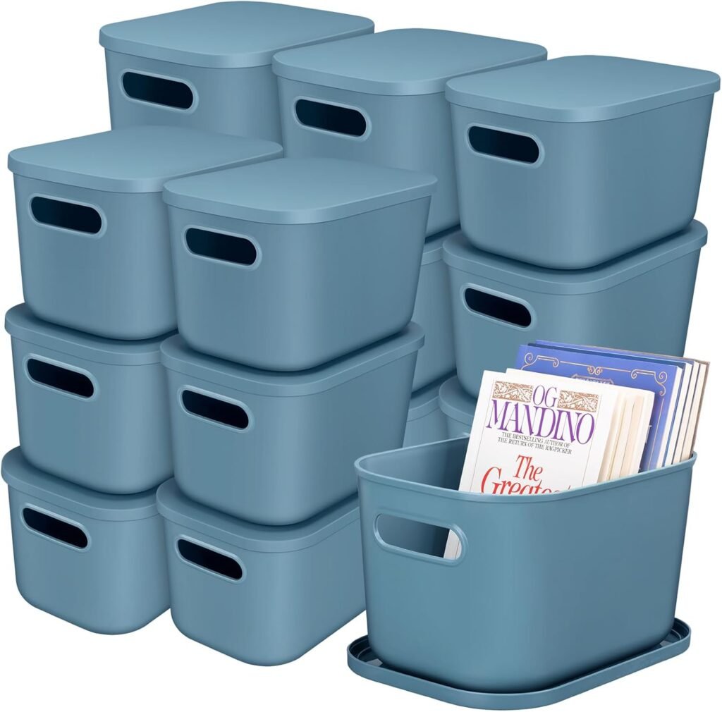 20 Pcs Plastic Storage Bins with Lid Bulk Stackable Baskets Organizing Containers Desktop Storage Box for Shelves Kitchen Bedroom Office Organization(Blue, 9.6 x 6.9 x 5.7 Inches)