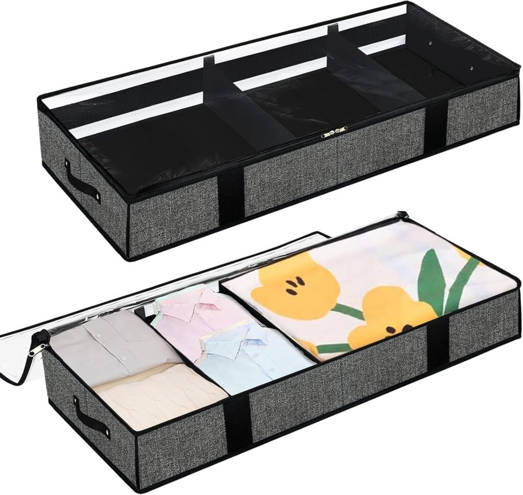 homyfort 2 Pack Under Bed Storage Containers, Underbed Storage Box Bins with Lids and Dividers for Organizing Clothes, Blankets, Bedding, Toys, College Dorm Room (Black)