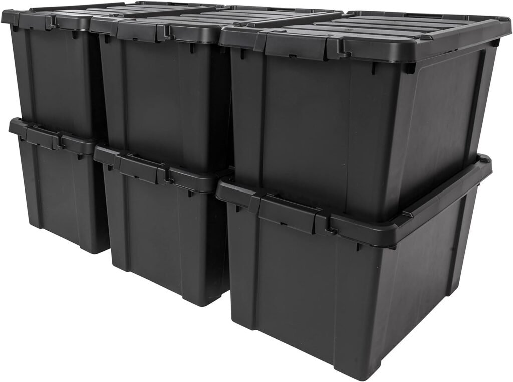 IRIS USA 5 Gallon Lockable Storage Bins with Lids, 6 Pack - Made in USA, Heavy Duty, Stackable Containers, Garage Organizing Bins Moving Tubs, Rugged Sturdy Equipment Utility Box - Black