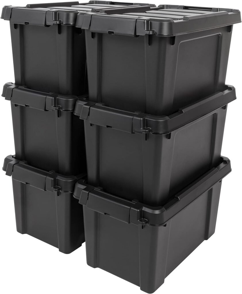 IRIS USA 5 Gallon Lockable Storage Bins with Lids, 6 Pack - Made in USA, Heavy Duty, Stackable Containers, Garage Organizing Bins Moving Tubs, Rugged Sturdy Equipment Utility Box - Black